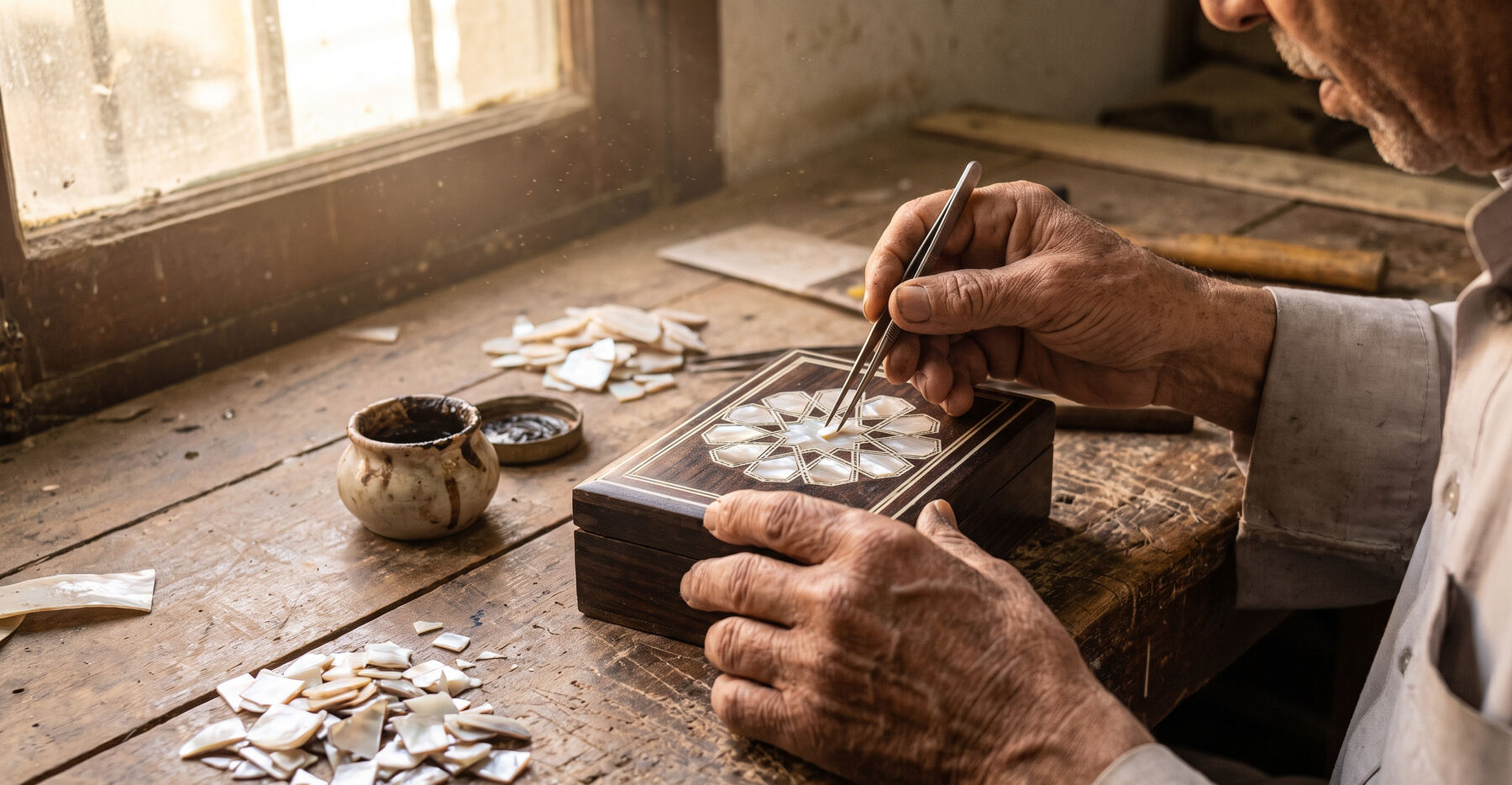 An artisan setting mother-of-pearl by hand